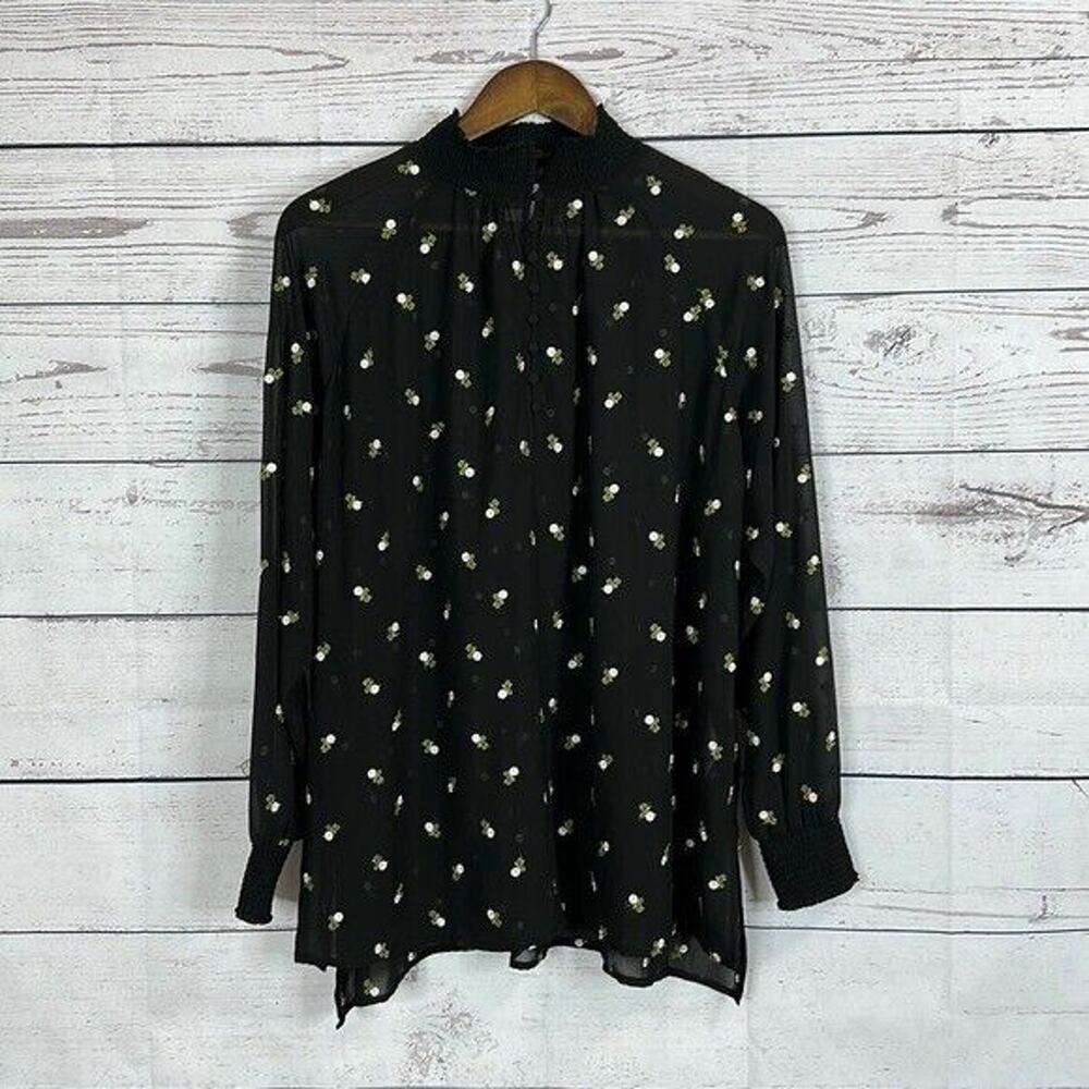 CAbi Top Womens Medium Black Sheer Smocking Flowy Dainty Embroidered Blouse 5538